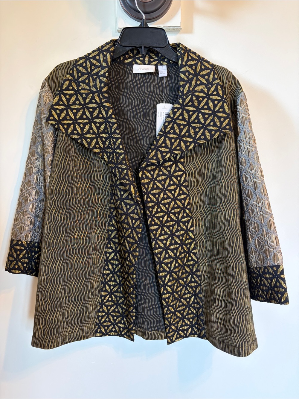 NWT Chico’s Nouveau Vintage Nariah Jacket 1 M Black Green Metallic 3/4 Sleeve
